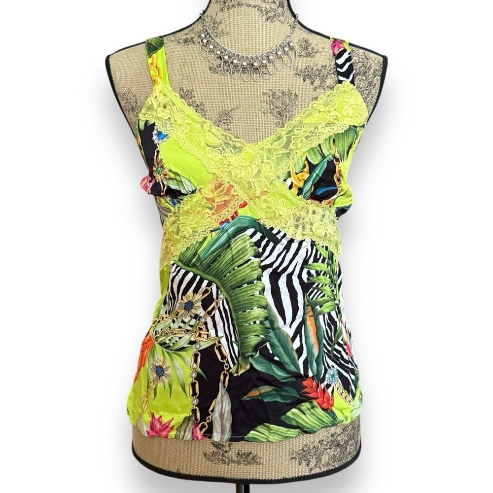 Lafty Lie Yellow Tropical Print Lace Trim Tank Top Size M